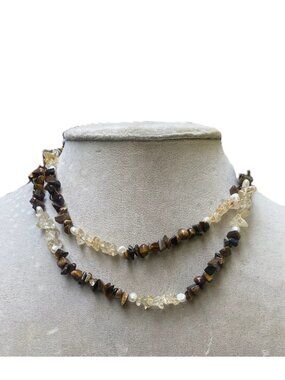 VINTAGE QVC BROWN Ivory chip Bead bohemian Layering Collar Long Necklace